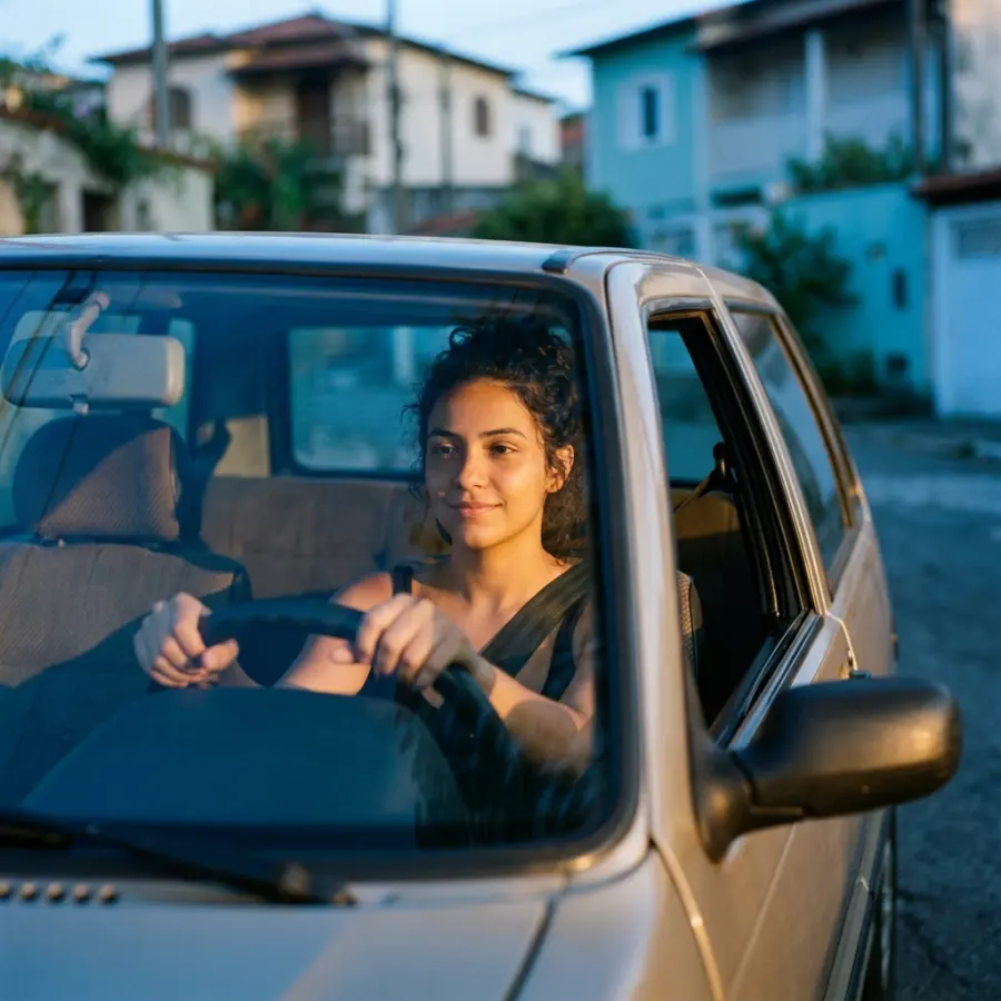 Jovem dirigindo sozinha pela primeira vez